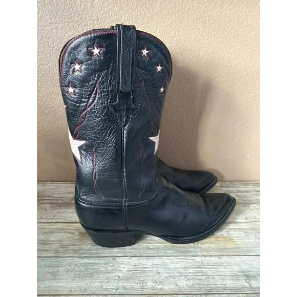 Lucchese Classics Star Inlay Cowboy Boots Black Leather USA Vintage 10.5 w/FLAW